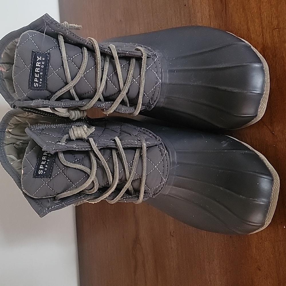 Sperry Waterproof Rubber boots Like New! Navy Grey fly fishing lining sz 8